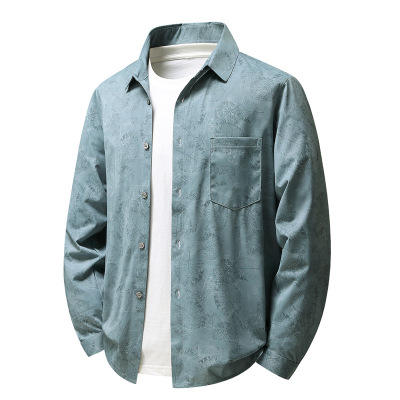 春秋印花长袖衬衫男式修身弹力免烫时尚衬衣男士休闲寸衫