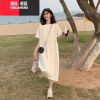 YIBUSHENG短袖连衣裙季薄款遮肚开叉t恤裙宽松大码胖mm气质过膝长裙