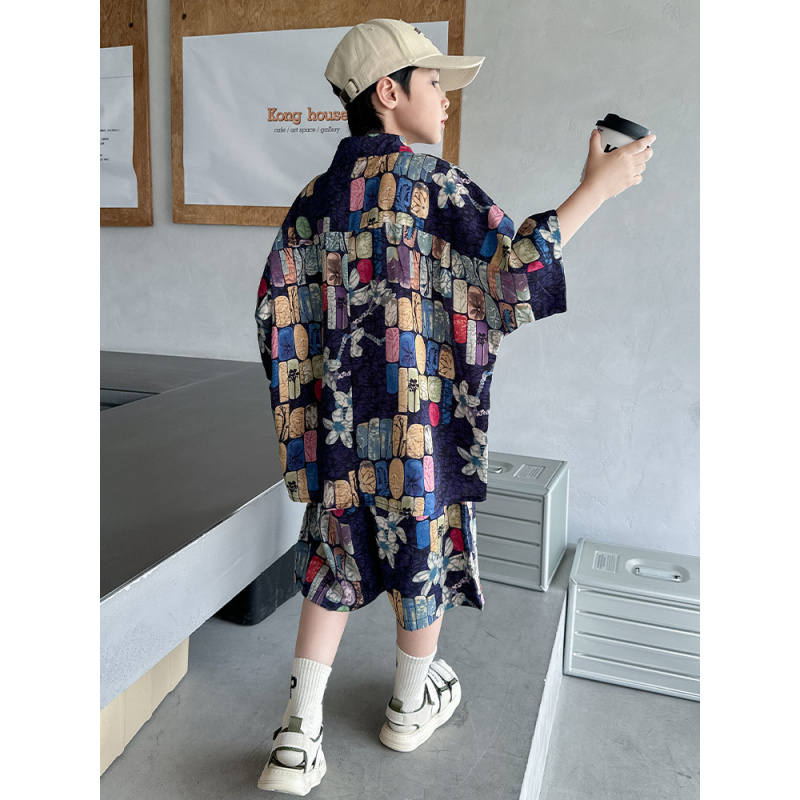 男童夏装2025新款套装时髦儿童装夏季潮男孩短袖痞帅风衬衫两件套