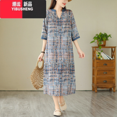 YIBUSHENG高端洋气棉麻连衣裙女季宽松大码遮肚显瘦妈妈气质亚麻中长裙子
