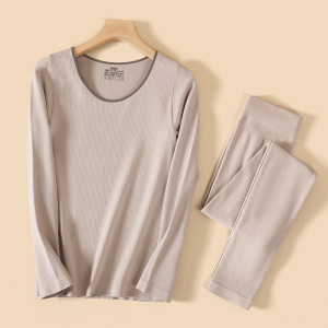 秋冬季新款德绒保暖内衣女无缝圆领螺纹撞色包边发热秋衣秋裤_206