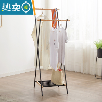 敬平晾衣架落地折叠室内家用阳台室外凉衣杆卧室实木不锈钢晒被子器 单身款-黑色(X架)晾衣杆