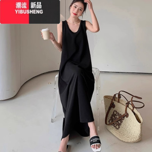 YIBUSHENG胖mm特大码300斤黑色吊带连衣裙女季宽松长款过膝无袖背心裙子2