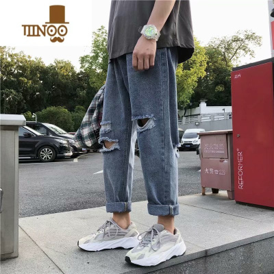 YANXUins潮牌破洞牛仔裤男生直筒宽松百搭夏季九分休闲长裤子潮流