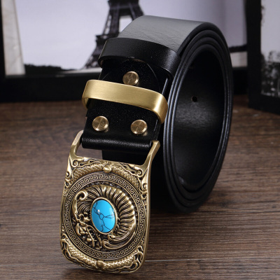 赫泽琼斯HEZZJONES复古民族风男士宝石真皮皮带纯铜扣休闲腰带个性潮男夜店皮带