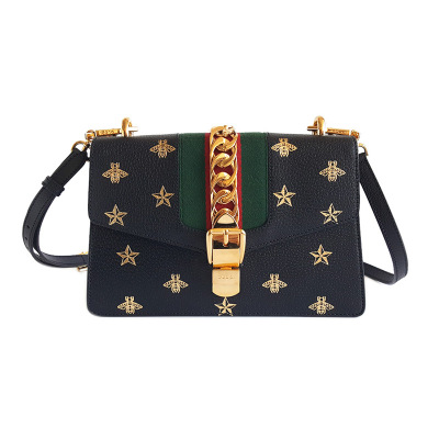 [正品二手95新]古驰 gucci 女士小号黑色皮革金蜜蜂印花sylvie单肩斜