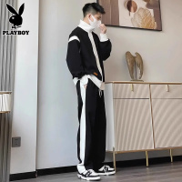 花花公子休闲套装男士春季季青少年拼接卫衣帅气搭配运动服两件套