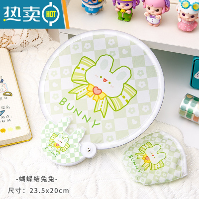 XIANCAI可爱扇子夏季圆扇布面折叠扇小团扇卡通儿童便携随身迷你扇子折扇 蝴蝶结兔兔-团扇[2把装,另一把随机款,可指