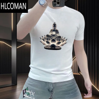 HLCOMAN夏季新款潮牌莲花佛印花短袖T恤男士高级感痞帅半袖上衣体恤