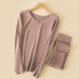 秋冬绵羊毛保暖内衣女薄款圆领紧身无缝美体发热秋衣秋裤套装