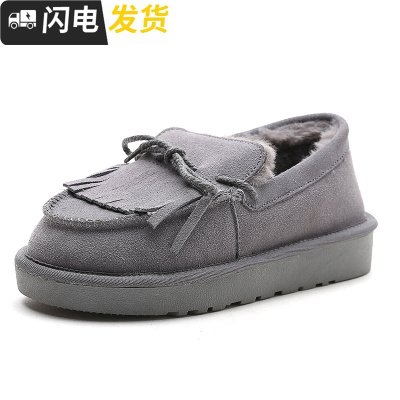 雪地靴女短筒韩版皮面保暖冬加绒百搭学生平底短靴懒人棉鞋面鞋启如