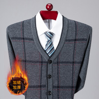 秋冬中年男士保暖加绒加厚外套长袖格子提花加绒羊毛开衫外套