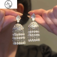 JiMi珠帘精致轻奢气质名媛耳环高级长款珠珠流苏耳钉银针耳饰2023新款