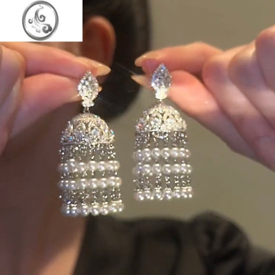 JiMi珠帘精致轻奢气质名媛耳环高级长款珠珠流苏耳钉银针耳饰2023新款