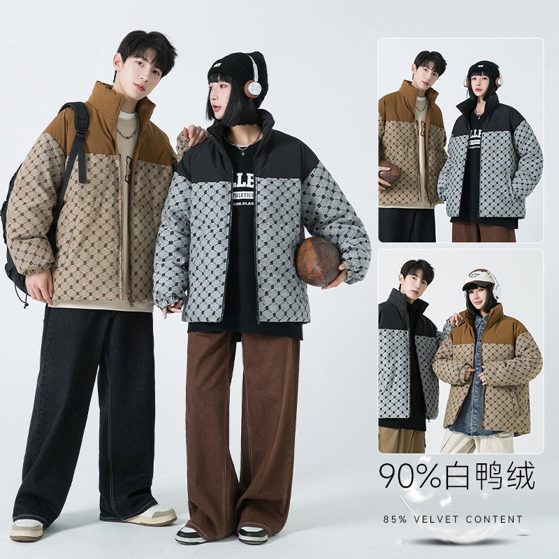 冬季新国标90%白鸭绒羽绒服男女同款加厚防寒美式立领撞色外套男