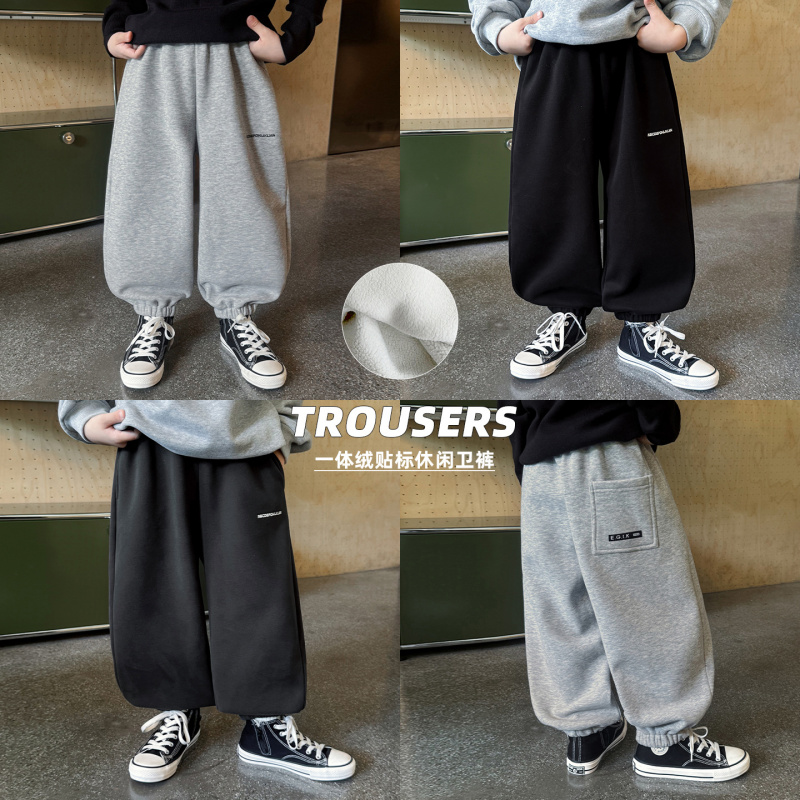 童酷男童冬季新款洋气字母贴标宝宝休闲裤一体绒保暖儿童卫裤