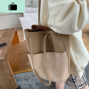 soloki 什么都能装 韩国流行大容量单肩包麂皮拼接细肩带水桶包女NEW LAKE 棕色女斜挎包 棕色