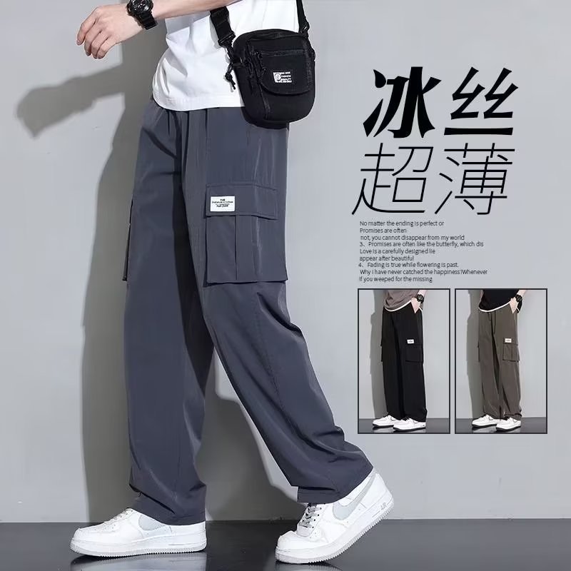 多口袋冰丝工装裤夏季薄款男士宽松透气休闲裤速干运动