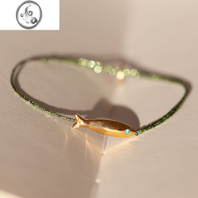 JiMi小众Sophie Deschamps 镀金小鱼锆石带闪绿色手绳手链