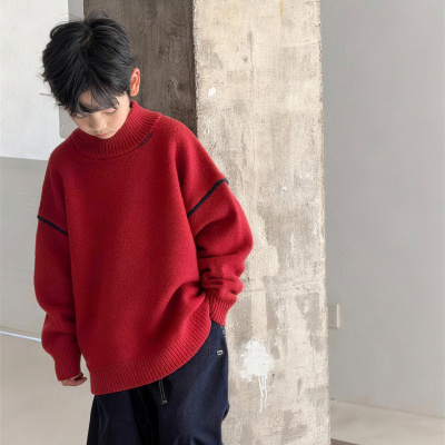 男童加厚红色毛衣秋冬款新款中大儿童男孩冬季半高领针织衫潮