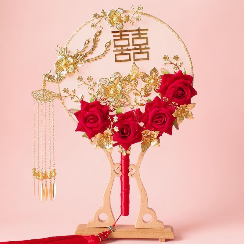 美帮汇新娘秀禾团扇结婚古风婚礼扇子中式喜扇出嫁遮面手工diy材料包 [扇架]需单独购买16.8
