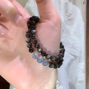 天然黑曜石海蓝宝水晶手串女款高级感双圈适合夏天的手链2025新款送女朋友老婆情人节七夕生日礼物