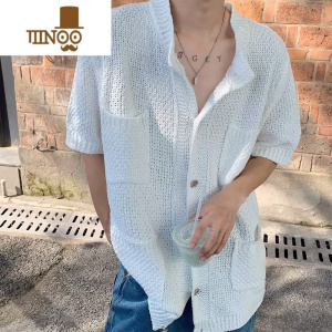 YANXU白色雅痞衬衫男夏季感痞帅短袖衬衣ins港风休闲针织开衫外套