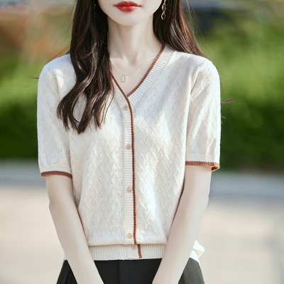 夏季新款女装针织衫v领气质镂空假开衫撞色针织短袖上衣外套