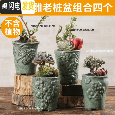 三维工匠多肉花盆陶瓷家用粗陶创意个性肉肉植物盆器大号口径 韩式浮雕老桩(4个) 小花盆容器