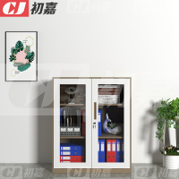 初嘉WJGT-015钢制文件柜窄边资料柜拆装档案柜带锁储物柜咖白套对开门玻璃矮柜