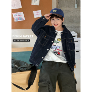 童酷男童秋季新款韩版净色宝宝上衣百搭贴标翻领牛仔儿童外套