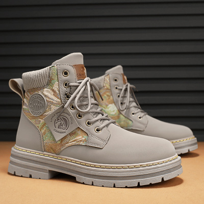 男士秋季新款印花简约系带运动鞋马丁男靴一脚蹬舒适透气中高帮靴