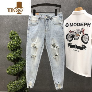 YANXU2022年夏季新款破洞九分裤男款潮牌牛仔裤修身束脚裤男士浅色裤子