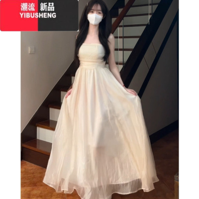 YIBUSHENG茶歇法式雪纺白色吊带连衣裙女季高级感气质海边度假仙女长裙子