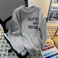 毛衣男美式复古软糯仿貂毛提花字母宽松慵懒风情侣休闲百搭针织衫