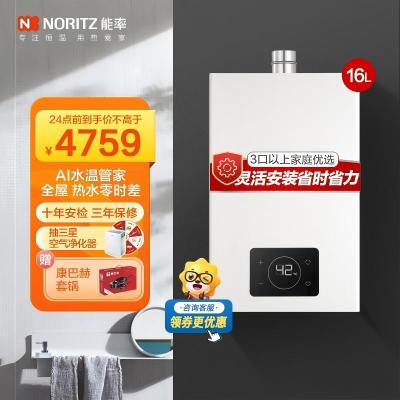 能率(NORITZ)16升热水器零冷水燃气热水器 GQ-16E5FEXQ)天然气热水器 分段燃烧 多维防干扰 高端零冷水