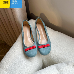 聚范皮版~法式蝴蝶结圆头芭蕾舞鞋女蓝色平底鞋仙女晚晚风浅口单鞋