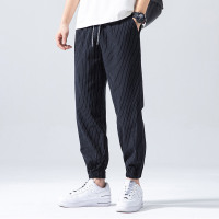 夏季亚麻休闲裤男薄款宽松束脚九分裤中国风棉麻国潮锥形条纹男