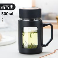 家柏饰(CORATED)玻璃杯女家用便携水杯少女风简约清新森系花茶杯子带把男 睿智黑500ml