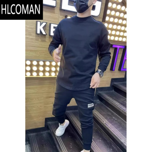 HLCOMAN秋季加厚简约纯色卫衣男高端圆领套头上衣圆弧燕尾开衩长袖T恤衫