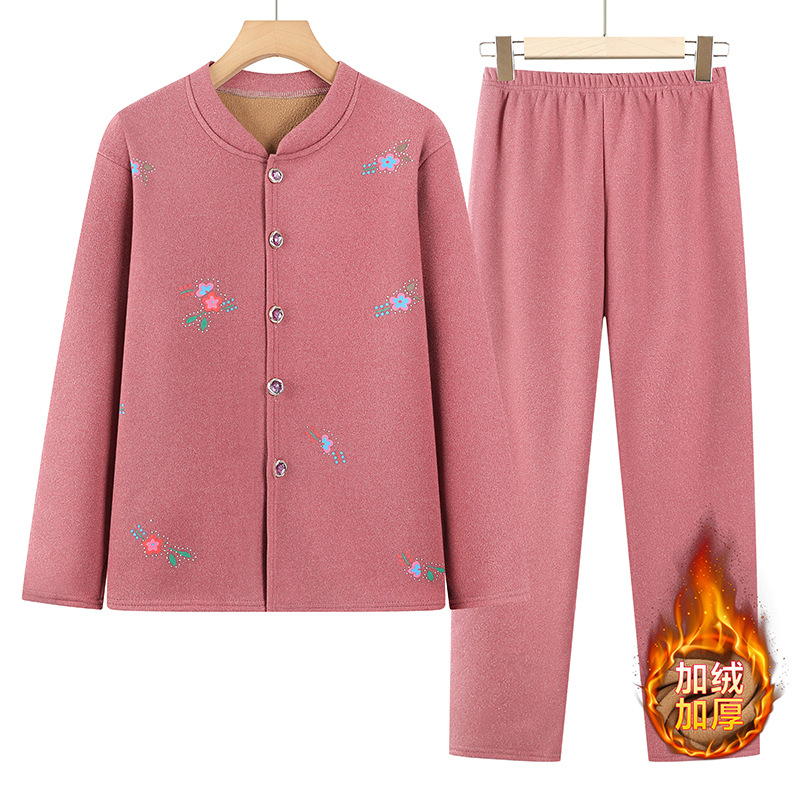 老年人秋冬睡衣开衫套装女奶奶加绒加厚保暖内衣两件套妈妈居家服