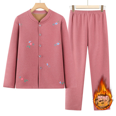 老年人秋冬睡衣开衫套装女奶奶加绒加厚保暖内衣两件套妈妈居家服