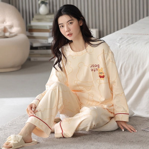 2025年啄木鸟清仓睡衣女带胸垫春秋款纯棉长袖秋冬女士家居服套装