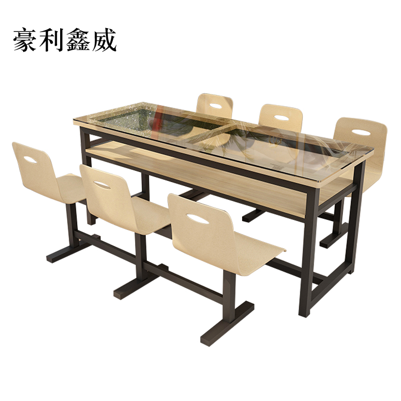 豪利鑫威餐桌6人学校食堂小吃店快餐桌椅饭堂钢化玻璃桌1800*600*750含椅