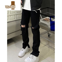 YANXU美式高街Vibe风膝盖破洞牛仔裤男显瘦水洗做旧hiphop侧拉链裤子男