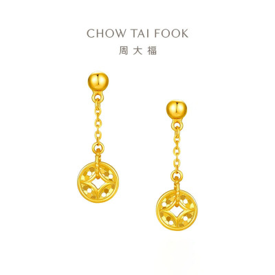  周大福爆闪鱼鳞满天星铜钱币足金黄金耳钉女礼物(工费:280计价)EOF1539