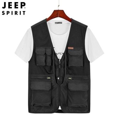 JEEPSPIRIT吉普上马甲男春秋网眼马夹轻质摄影钓鱼多袋工装背心外套
