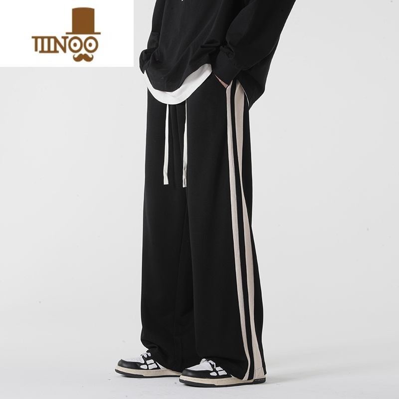 YANXU条纹裤子男生夏季阔腿拖地宽松直筒休闲长裤男款夏天薄款运动卫裤