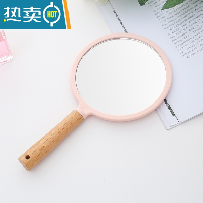 敬平榉木双面手柄镜美容院便携纹绣专用木制复古化妆镜圆形手拿镜子女 单面榉木圆粉色便携式用镜