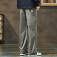 男士宽松直筒休闲裤 灰绿抽绳束脚裤 立体剪裁通勤 垂感阔腿裤 男